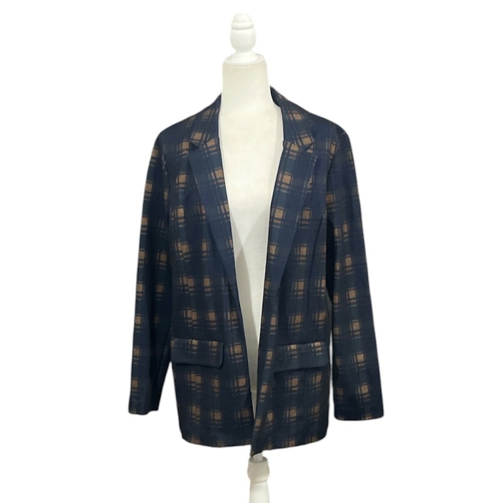 Liverpool Blazer Tartan Plaid Sz Large Open Front Knit Jacket Luxury Stretch